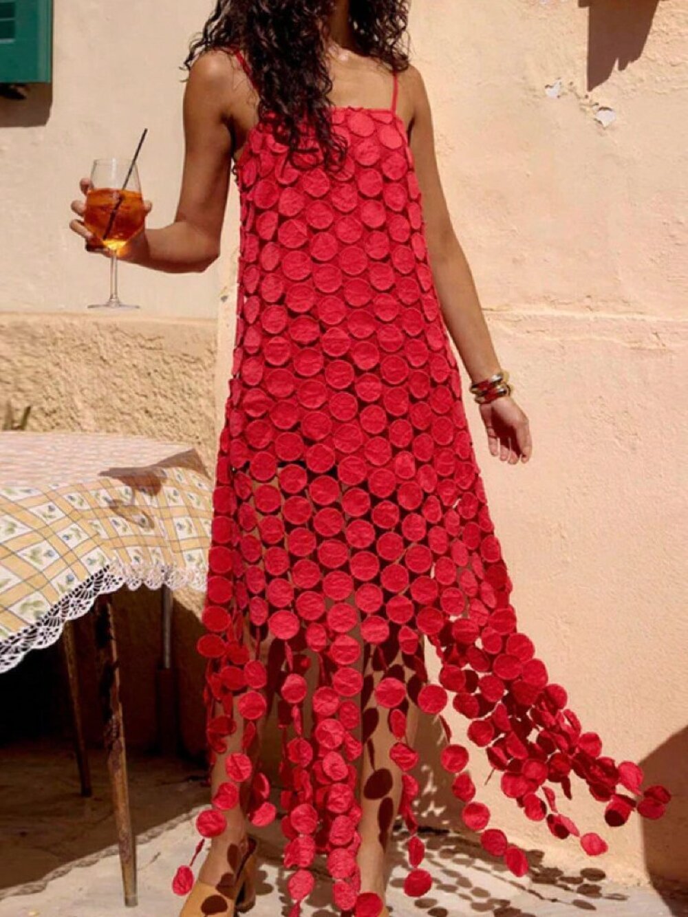 Red Sexy Women's Beach Slip Dress with Strap and 3D Circular Disc Fringe Hem - Picture 4 of 4